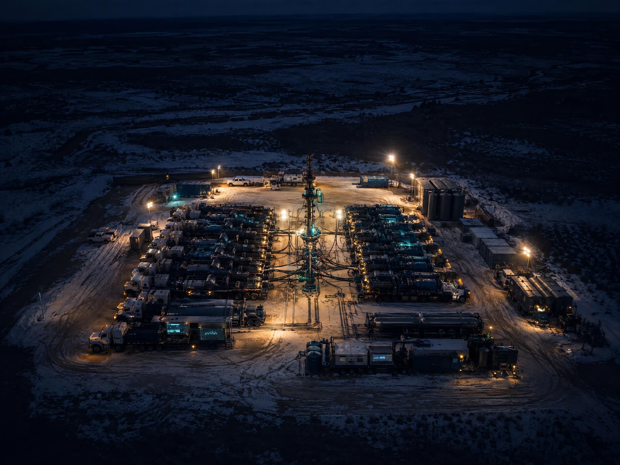 An aerial night view of a hydraulic fracturing site with rows of pump trucks around a wellhead in snowy prairie.