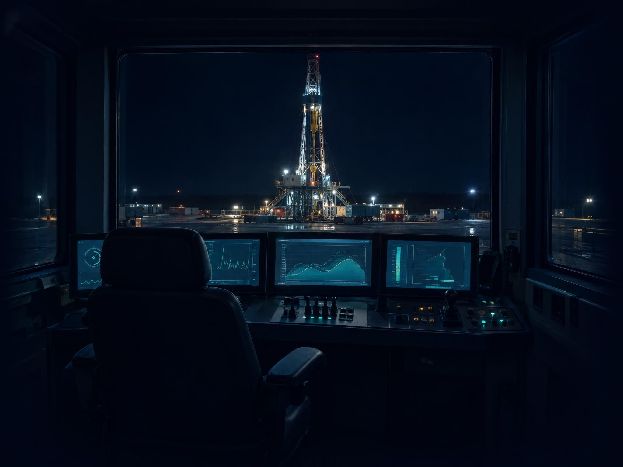 An empty drilling control console at night, facing a lit drilling rig through the window.