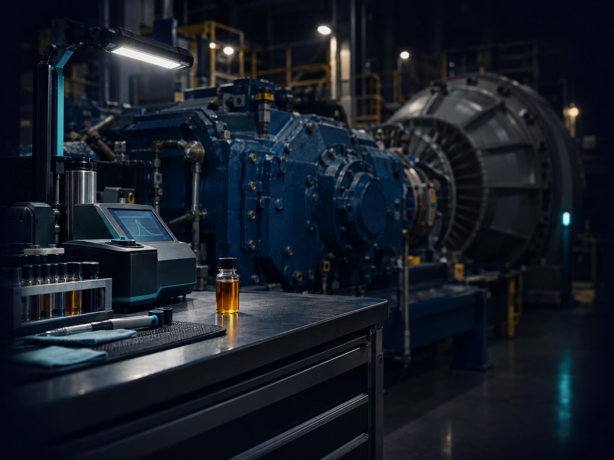 An oil-analysis bench with an amber oil sample beside heavy industrial machinery.