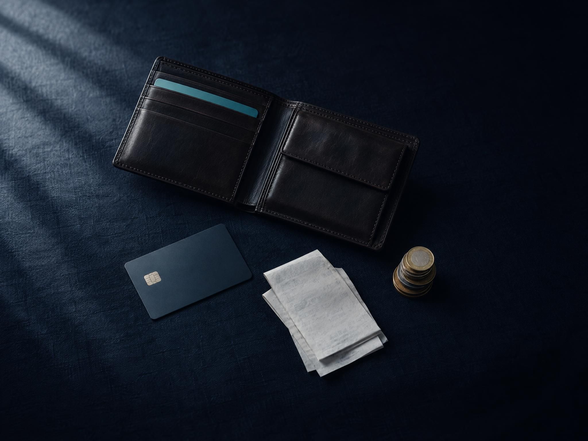 An open leather wallet, a bank card, folded receipts and a few coins on dark linen.